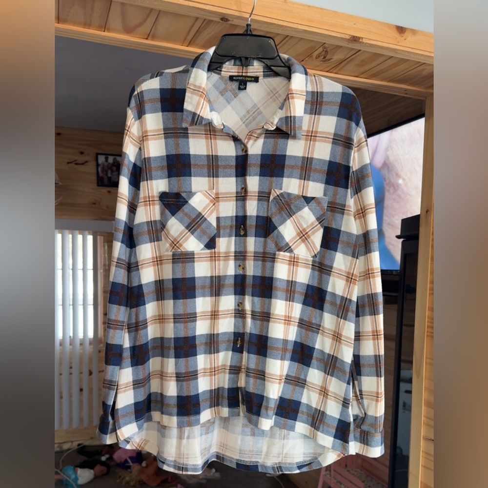 Lg Robert Louis blue white and tan button up long sleeve